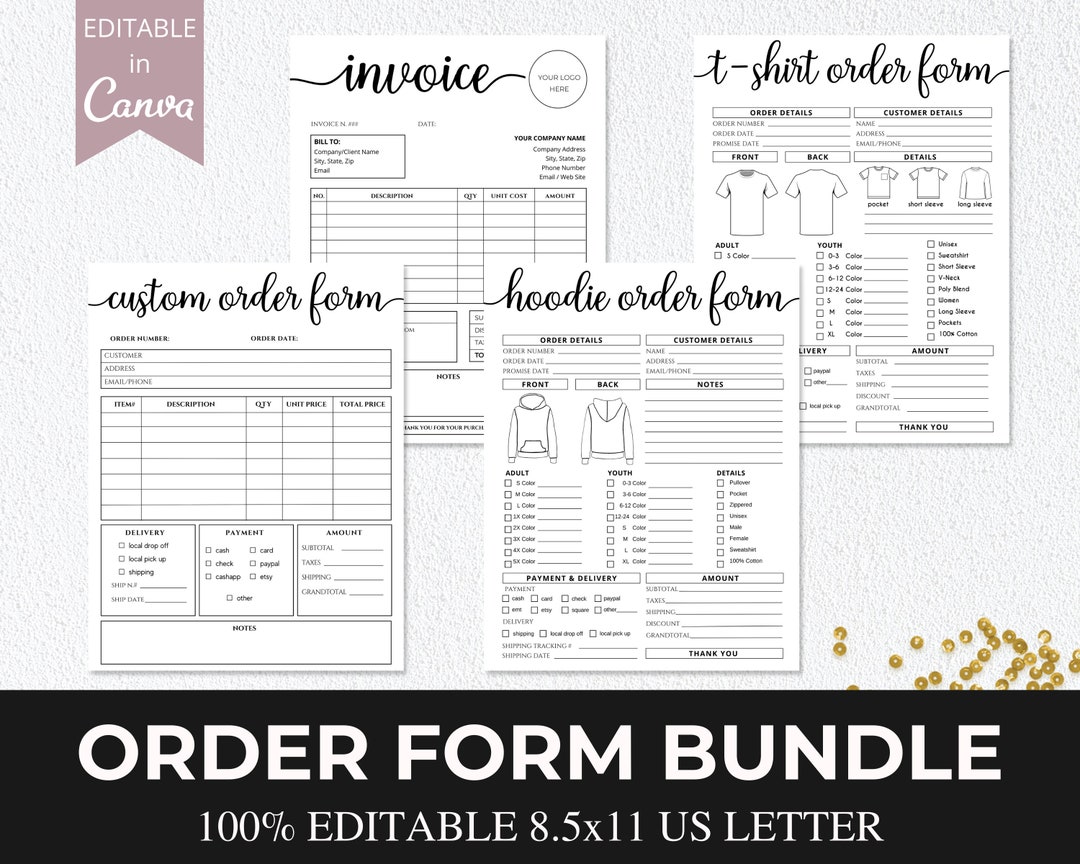 4 Order Forms Bundle I Editable Invoice Order Form I Printable T-shirt ...