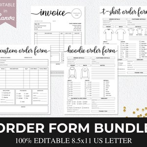 4 Order Forms Bundle I Editable Invoice Order Form I Printable T-Shirt Template I Hoodie Small Business Forms for Crafters. Dtp-004