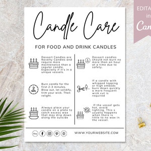 Food Candle Care Card Editable Template, Drink Candle Instructions, Cake Care Guide, Candle Small Business Inserts, Add Your Logo. DTP-030