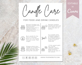 May include: Candle care instructions for food and drink candles.  The instructions include tips on burning time, wick trimming, and how to prevent wax from dripping.  The text includes the website address www.yourwebsite.com.