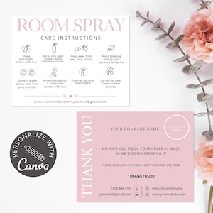 May include: Two pink and white business cards. One card says "ROOM SPRAY" and includes care instructions. The other card says "THANK YOU" and includes a discount code and contact information.