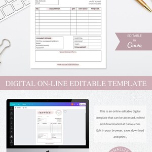 May include: Editable invoice template with a pink watercolor design. The template includes fields for invoice number, date, bill to, description, quantity, unit cost, amount, subtotal, discount, taxes, total amount, payment details, and special notes and terms. The template is designed to be used with Canva.