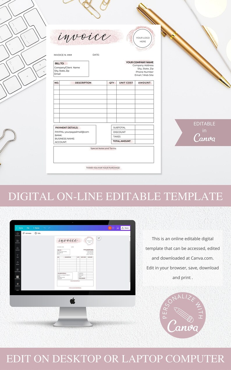 May include: Editable invoice template with a pink watercolor design. The template includes fields for invoice number, date, bill to, description, quantity, unit cost, amount, subtotal, discount, taxes, total amount, payment details, and special notes and terms. The template is designed to be used with Canva.