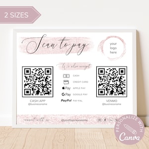 QR-Code-Zeichen I bearbeitbare Canva-Vorlage, Scan To Pay-Zeichen, CashApp PayPal-Zeichen für kleine Unternehmen, Venmo-Zahlungszeichen, Scan To Pay Bundle
