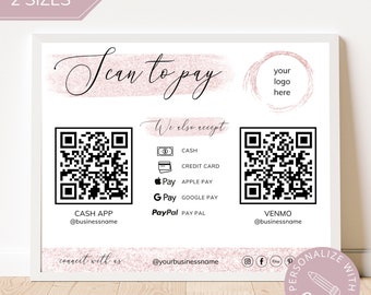 Panneau QR code I, modèle canva modifiable, panneau Scan to Pay, panneau PayPal CashApp pour les petites entreprises, panneau de paiement Venmo, offre groupée Scan to Pay