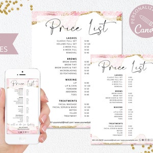 Modelo de lista de preços, lista de preços de cabelo DIY editável do Canva, lista de preços de beleza, guia de preços de negócios, folha de preços de padaria rosa. DTP-003
