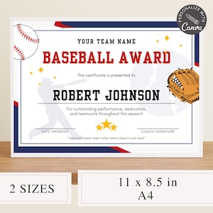 Puede incluir: Un certificado de premio de béisbol imprimible con un borde azul, rojo y blanco. El certificado tiene un gráfico de béisbol, un gráfico de guante de béisbol y estrellas. El texto en el certificado dice "Premio de béisbol", "Este certificado se otorga a" y "El trabajo duro vence al talento cuando el talento no trabaja duro."