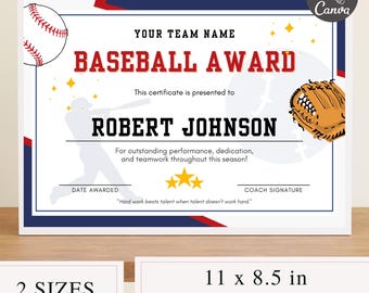 Baseball Award Certificate | Custom Awards Canva Template, Personalized Baseball Team Awards, Superlative Sports Certificate Printable