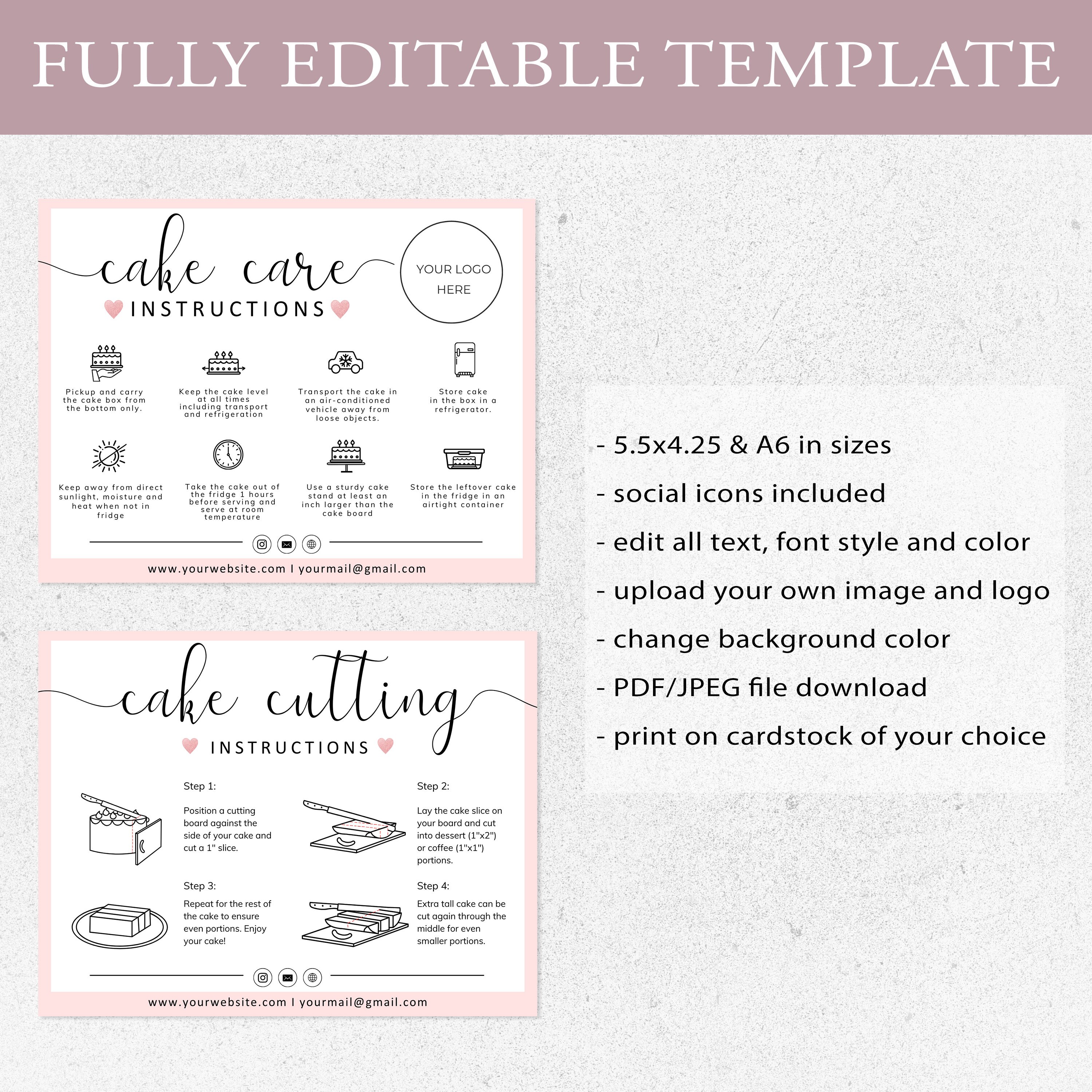Cake Care Card I Editable Canva Template I Cake Cutting Guide, Care ...