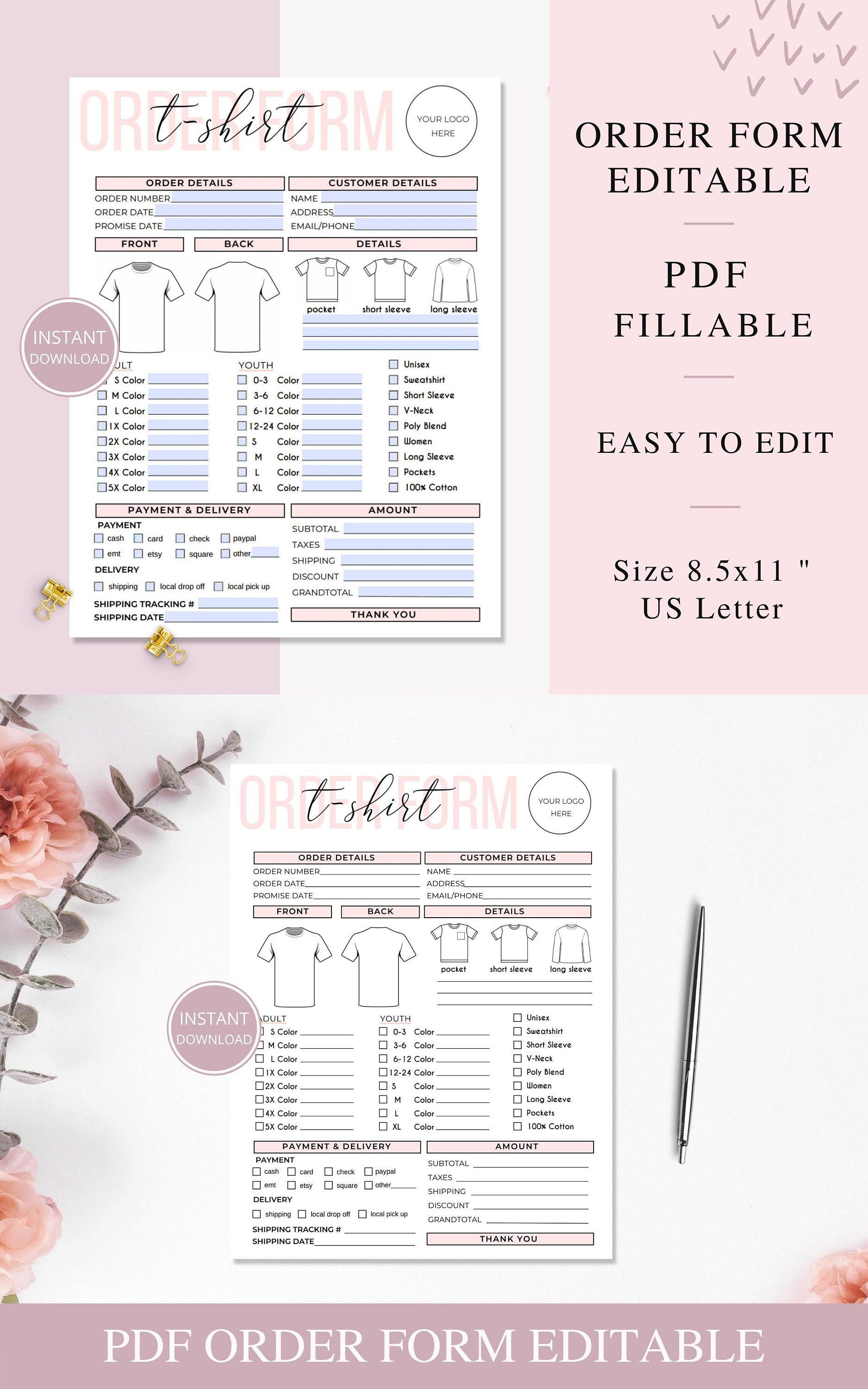 Fillable t shirt order form editable printable shirt order etsy