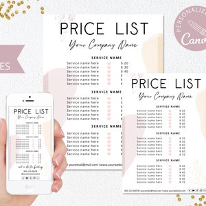 Plantilla de lista de precios, lista de precios editable en Canva para peluquería, lista de precios de belleza, guía de precios para empresas, hoja de precios de panadería rosa. DTP-003