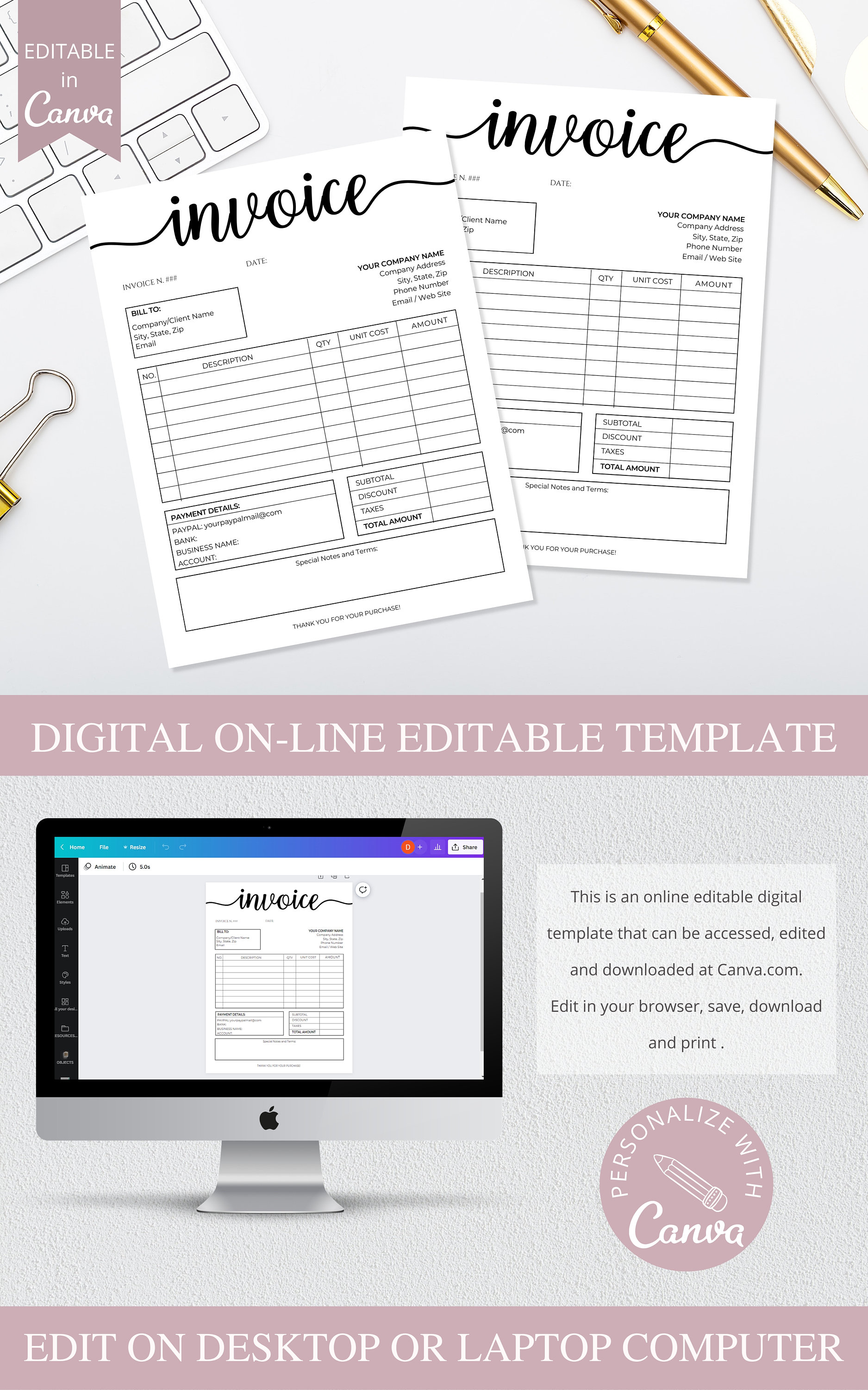 Invoice Template Editable | Canva Business Template, Small Business ...