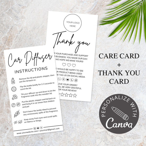 Car Diffuser Canva Template I Editable Car Air Freshener, Small Business Care Instructions, Thank You Cards, Car Diffuser Editable Template