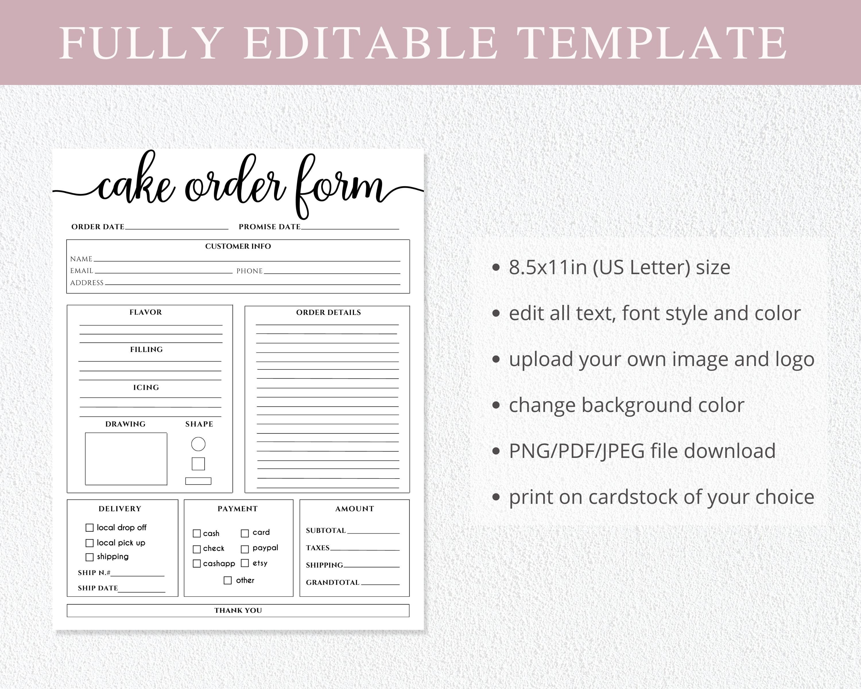 cake order form, editable canva template, order forms template