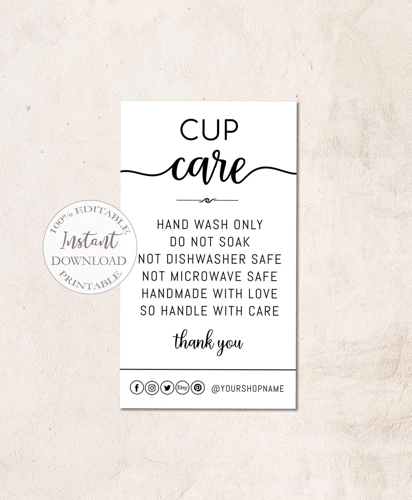 Cup Care Cards Template Editable Tumbler Care Card Printable Etsy