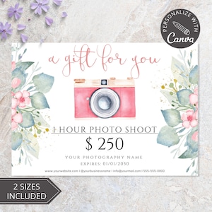 Buono regalo per fotografia I Modello Canva stampabile, Modello buono regalo, Modello fai da te modificabile per biglietto regalo, Regalo per la festa della mamma, 2 dimensioni.