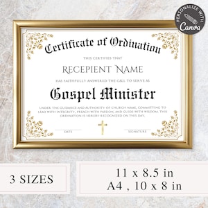 Sjabloon certificaat van wijding, bewerkbare canva-sjabloon, certificaat voor evangeliebediening, predikantcertificaat, certificaat diaken