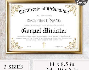 Certificate Of Ordination Template, Editable Canva Template, Gospel Ministry Certificate Form, Pastor Certificate, Deacon Certificate