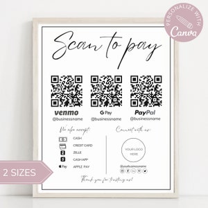 Bearbeitbare Scan-to-Pay-Karte, bearbeitbare Canva-Vorlage, QR-Code-Zeichenvorlage, CashApp PayPal-Zeichen für kleine Unternehmen, Venmo-Zahlung druckbar.