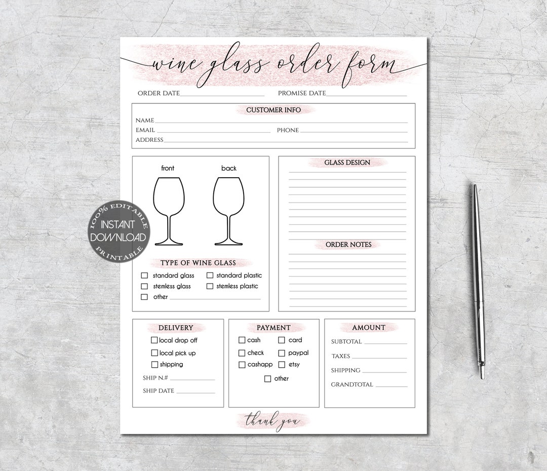 Wine Glass Order Form Editable, Small Business Forms, Craft Order Form