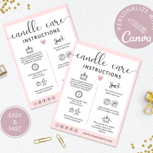 Candle Care Card Canva Template, Editable Candle Care Instructions, Printable Candle Instructions Canva Template, Business Inserts. DTP-030