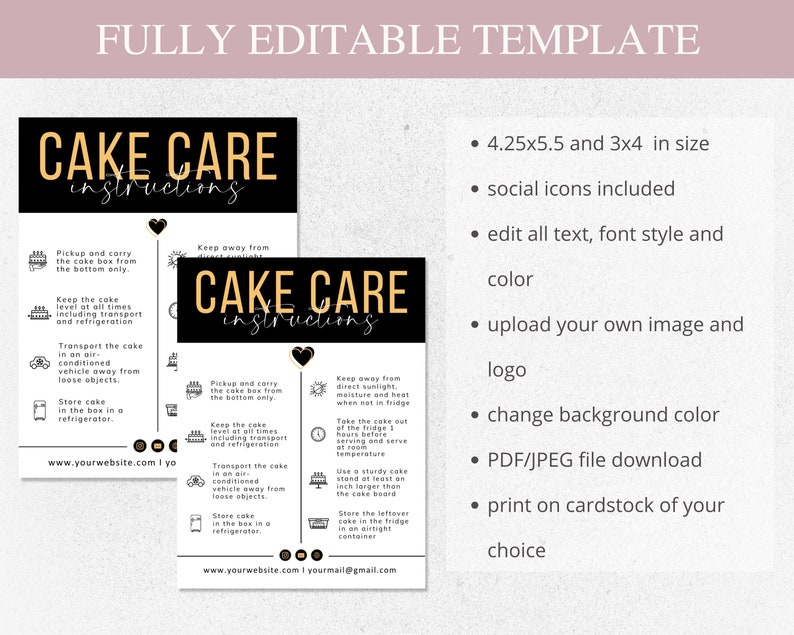 Cake Care Card I Editable Canva Template I Wedding Cake Care Cards I ...