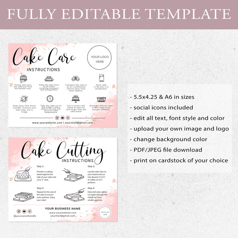 Cake Cutting Guide Card I Editable Canva Template I Cake Care Card ...