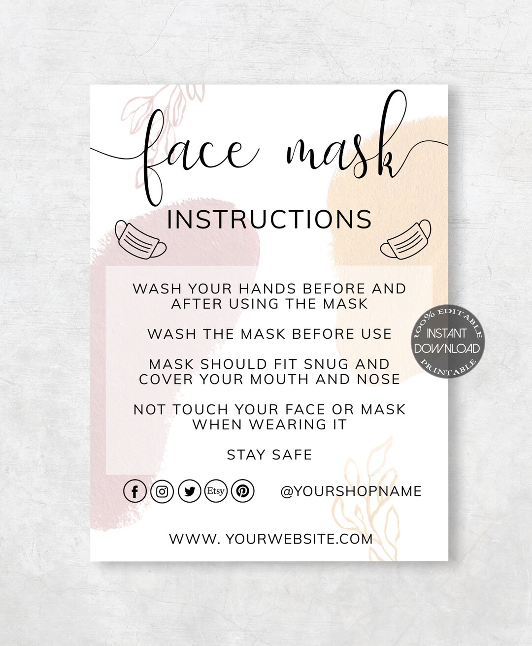 Face Mask Care Instructions, Face Masks Card Template, Printable Face