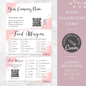 Istruzioni per la cura degli allergeni alimentari I Modello Canva modificabile, Avvertenza stampabile sulle allergie da forno, Schede di avvertenza per la cura delle torte, Scheda per le allergie alimentari