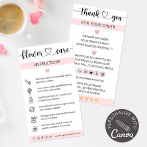 de Carte de vœux pour fleurs sur toile | Carte d'entretien des plantes modifiable pour fleurs fraîchement coupées | Encarts pour fleuriste, remerciement à la livraison, instructions d'entretien