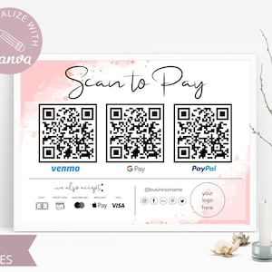 Scan-to-Pay-Karte, bearbeitbare Canva-Vorlage, QR-Code-Zeichen, Geschäftsschild für kleine Unternehmen, Venmo-Zahlung druckbar, sofortiger Download.