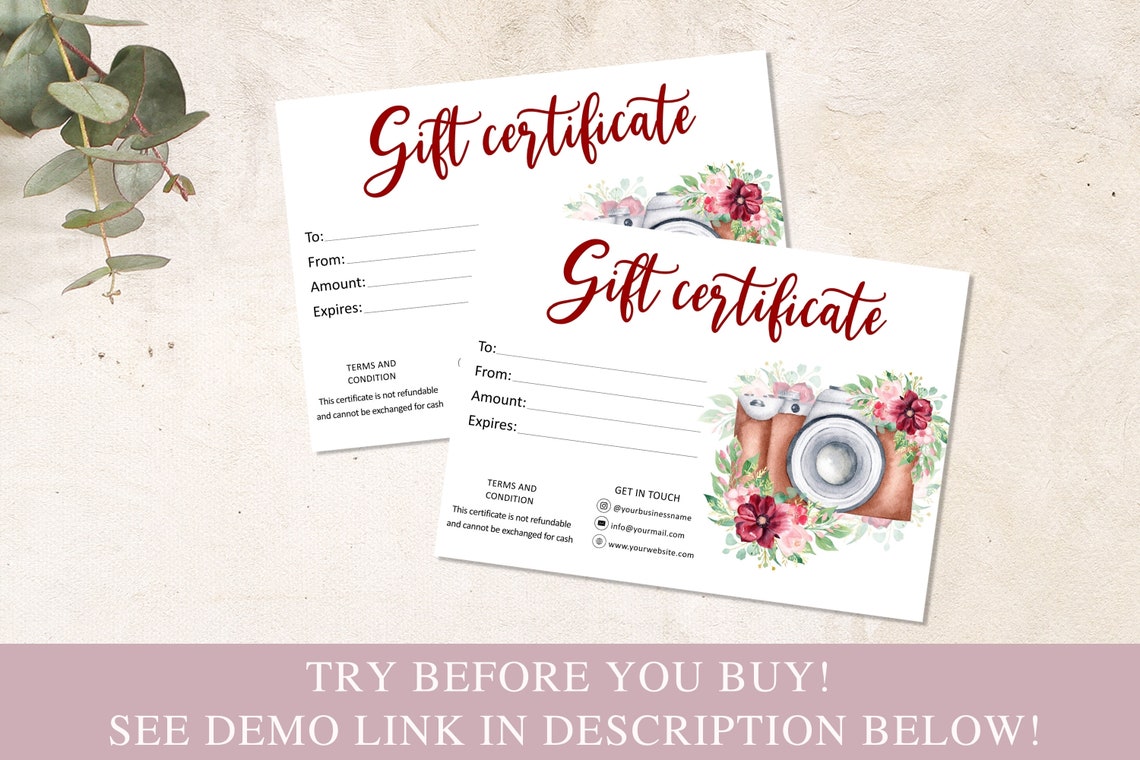 Photographer Gift Certificate Template Fathers Day Gift