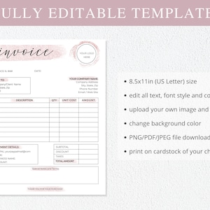 May include: Editable invoice template in pink and white with a pink glitter design. The template includes sections for billing information, payment details, and a table for itemized costs. The template is 8.5 x 11 inches and can be printed on cardstock.