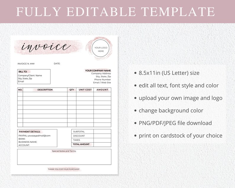 May include: Editable invoice template in pink and white with a pink glitter design. The template includes sections for billing information, payment details, and a table for itemized costs. The template is 8.5 x 11 inches and can be printed on cardstock.