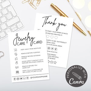 Onderhoudsinstructies sieraden I Canva-sjabloon I bewerkbare onderhoudskaart sieraden, onderhoudsinstructies kleine bedrijven, bedankkaartsjablonen