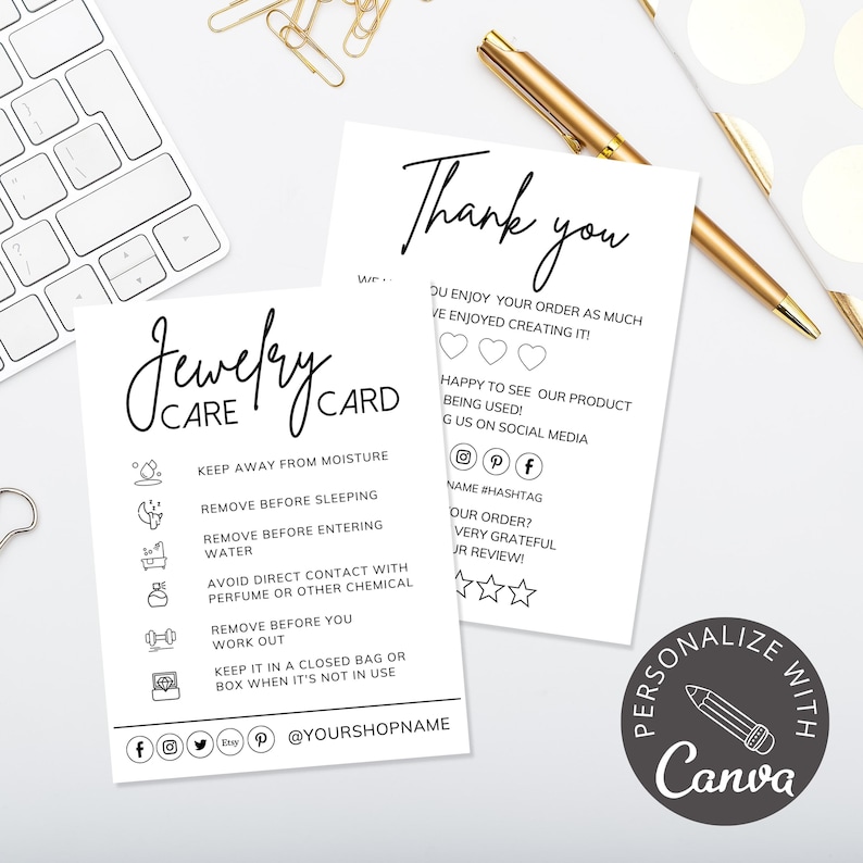 canva template, jewelry care card, jewelry packaging, care instructions