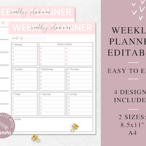 4 bearbeitbarer Wochenplaner, ADHD-Planer druckbar, Canva-Vorlage, Wochenplan, Wochen-Produktivitätsplaner druckbar.  USLetter - A4 Größe.