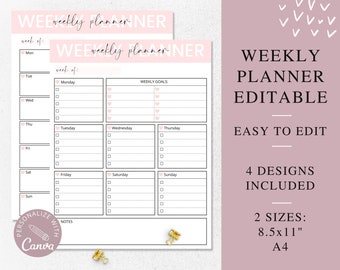 Könnte beinhalten: Eine druckbare Wochenplanvorlage mit einem rosa-weißen Farbschema. Der Planer enthält Abschnitte für wöchentliche Ziele, Montag bis Sonntag und Notizen. Der Text "WEEKLY PLANNER EDITABLE" wird in großer Schrift oben rechts im Bild angezeigt. Der Text "EASY TO EDIT" wird unter dem Planertitel angezeigt. Der Text "4 DESIGNS INCLUDED" wird unter "EASY TO EDIT" angezeigt. Der Text "2 SIZES: 8.5x11" A4" wird unten rechts im Bild angezeigt.