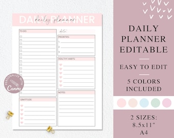 Puede incluir: Una plantilla de planificador diario imprimible con secciones para la lista de tareas, prioridades, hábitos saludables, notas y gratitud. El planificador es rosa y blanco con un diseño sencillo. Está disponible en dos tamaños: 8,5 x 11 pulgadas y A4. El texto de la imagen dice "Planificador diario editable, Fácil de editar, 5 colores incluidos, 2 tamaños: 8,5 x 11" A4".