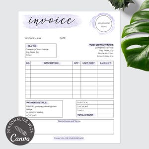 May include: A printable invoice template with a watercolor background in shades of purple and gray. The template includes fields for invoice number, date, bill to, description, quantity, unit cost, amount, payment details, subtotal, discount, taxes, and total amount. The template also includes space for special notes and terms. The text "invoice" is written in a cursive font at the top of the page.