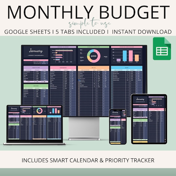 Monthly Budget Planner Spreadsheet | Google Sheets Budget Template with Bill Tracker, Calendar, Expense Log & Savings Tracker Tools
