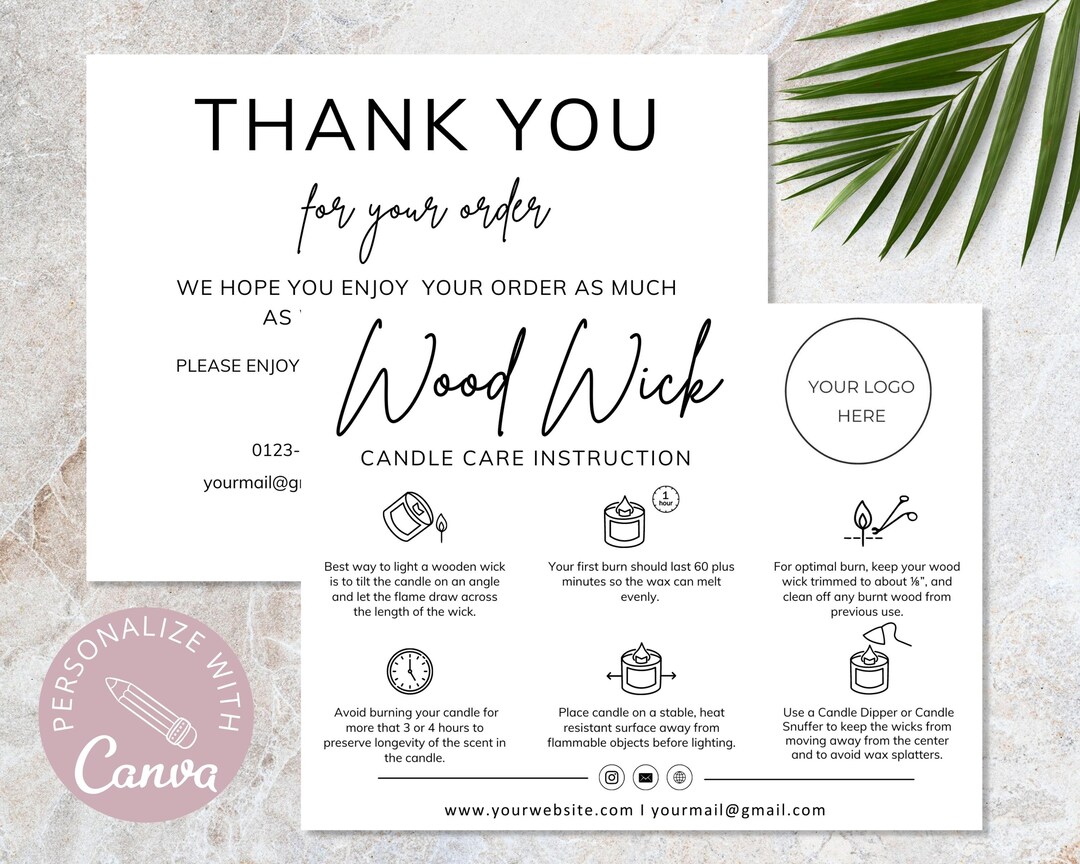 Wood Wick Candle Care Card I Editable Canva Template I Candle Thank You