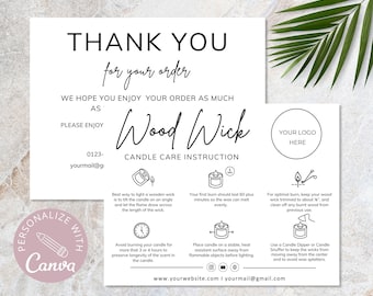 Wood Wick Candle Care Card I Editable Canva Template I Candle Thank You Card For Customers I Candle Instructions Card I Custom Care Card.