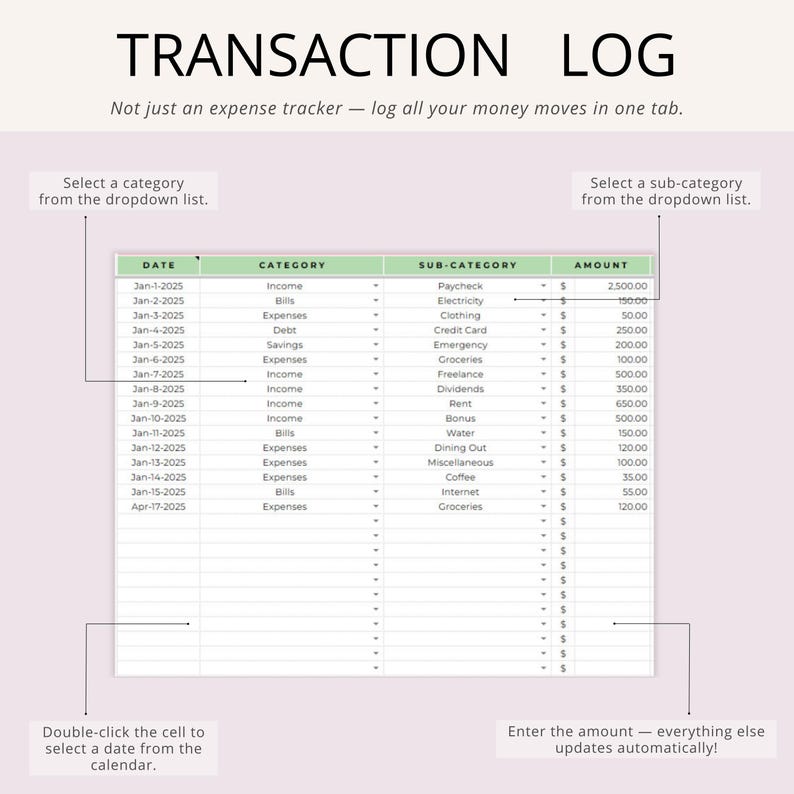 May include: A digital transaction log with a light purple background. The spreadsheet includes columns for date, category, sub-category, and amount. Text at the top reads "TRANSACTION LOG". Instructions are included for use.
