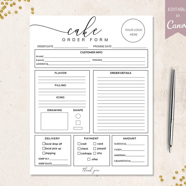 Cake Order Form Editable, Bakery Order Form Printable, Small Business Forms, Business Templates, Cookie Order Form, Add Your Logo. Dtp-004