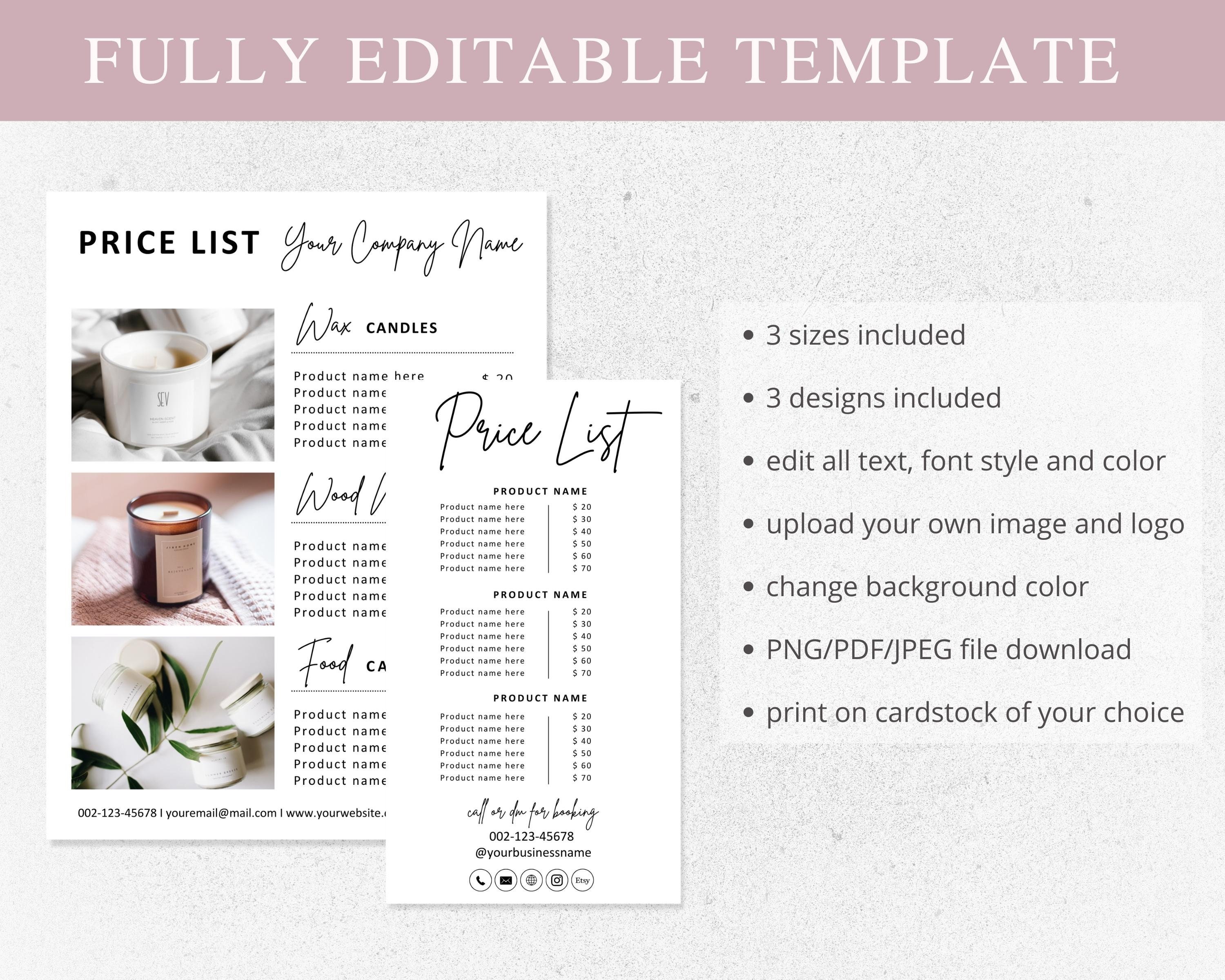 Candle Price List Template Canva Editable Bakery Price List Etsy Canada