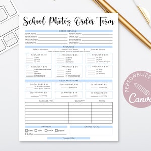 May include: A blue and white school photo order form with sections for order details, packages, a la carte items, payment, and a grand total. The form includes options for different photo packages and sizes, as well as digital files and prints.