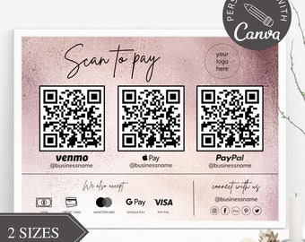 Panneau QR code I, modèle canva modifiable, panneau Scan to Pay, panneau PayPal CashApp pour les petites entreprises, panneau de paiement Venmo, offre groupée Scan to Pay