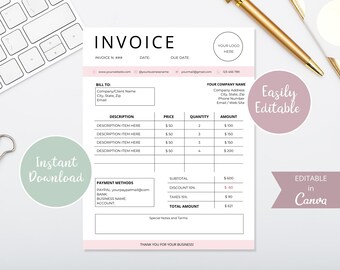 May include: Editable invoice template with pink accents. The template includes sections for billing information, description of items, price, quantity, amount, payment methods, subtotal, discount, taxes, and total amount. The text "Easily Editable" and "Editable in Canva" is displayed on the template.
