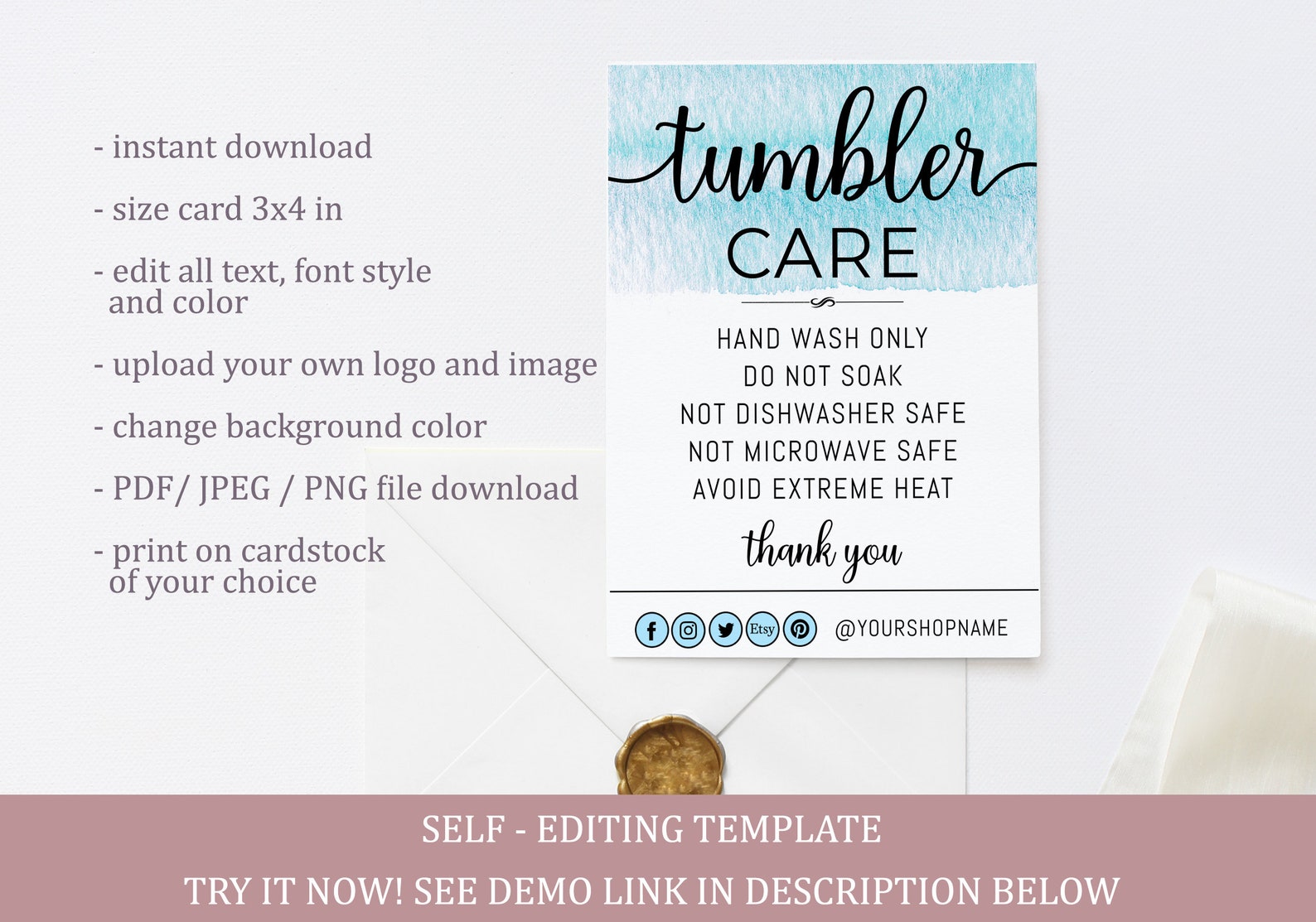 100 Editable Tumbler Care Card Template Printable Tumbler Etsy